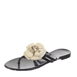 Chanel Camellia Beige Flower CC Logo Black Rubber Sandals